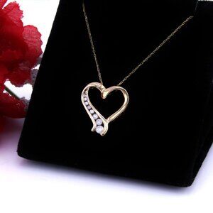 Diamond Journey Heart Pendant Necklace Solid 10k Yellow Gold Genuine Natural